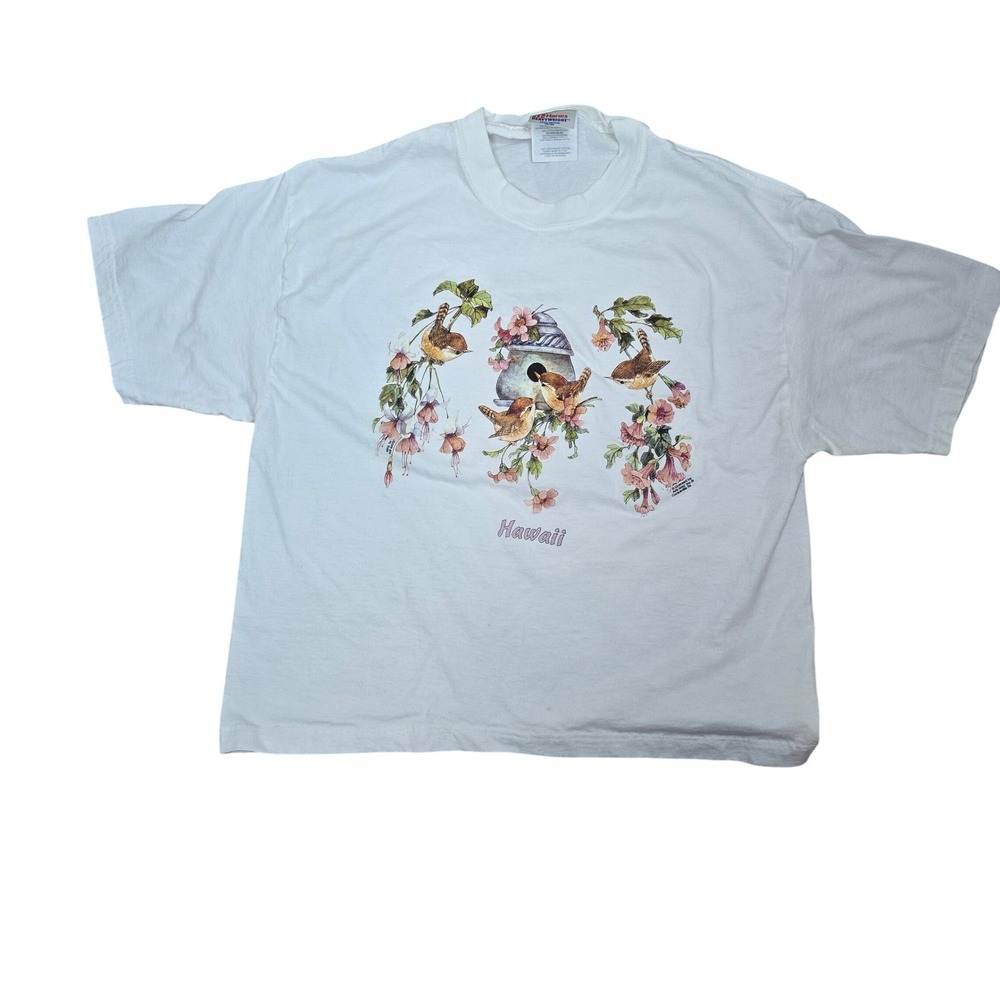Vintage Hanes Heavyweight‎ Hawaii Birdhouse Cropped T Shirt White Nature Graphic